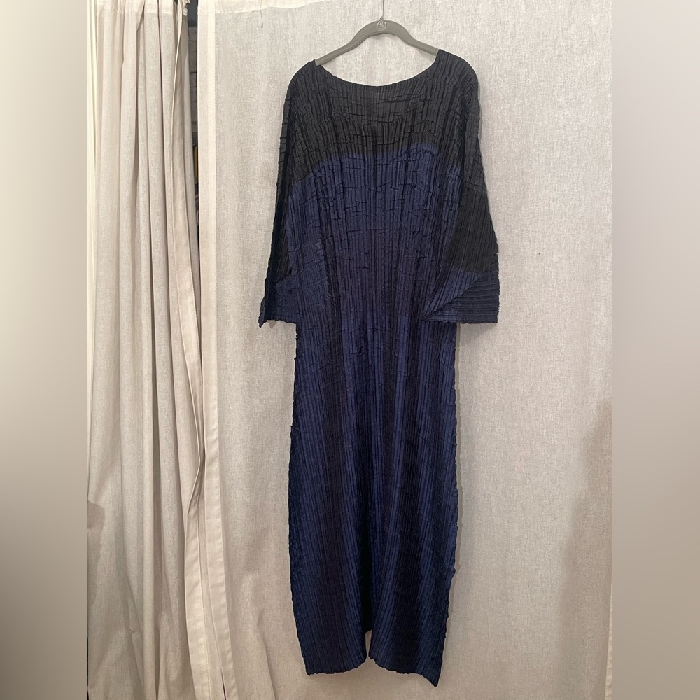 Issey Miyake Black and Navy Pleats Long Dress